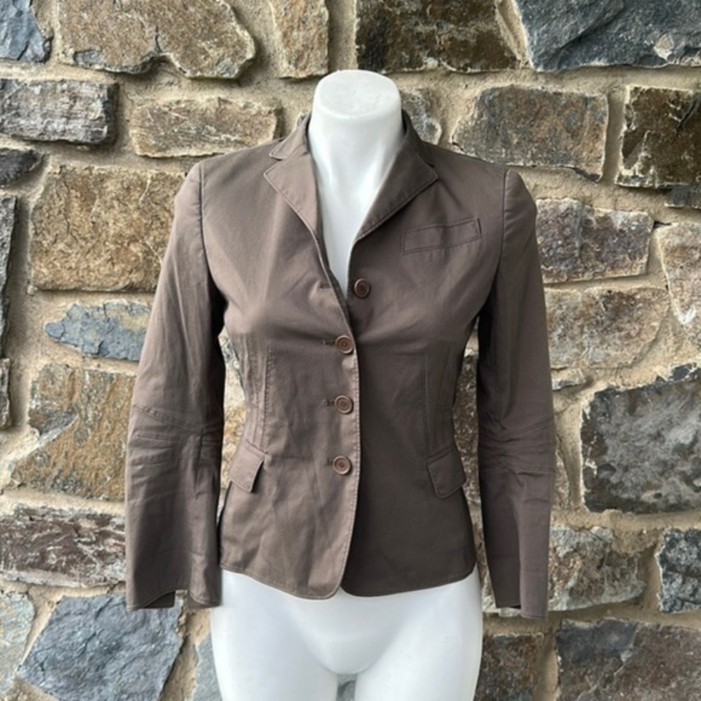 Akris Punto Pleated Flared Sleeve Blazer Jacket in Taupe Brown Size 6